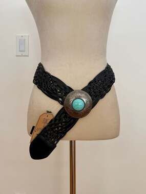 Coachella Twig & Arrow Black Braided Faux Leather Belt with Turquoise Medallion